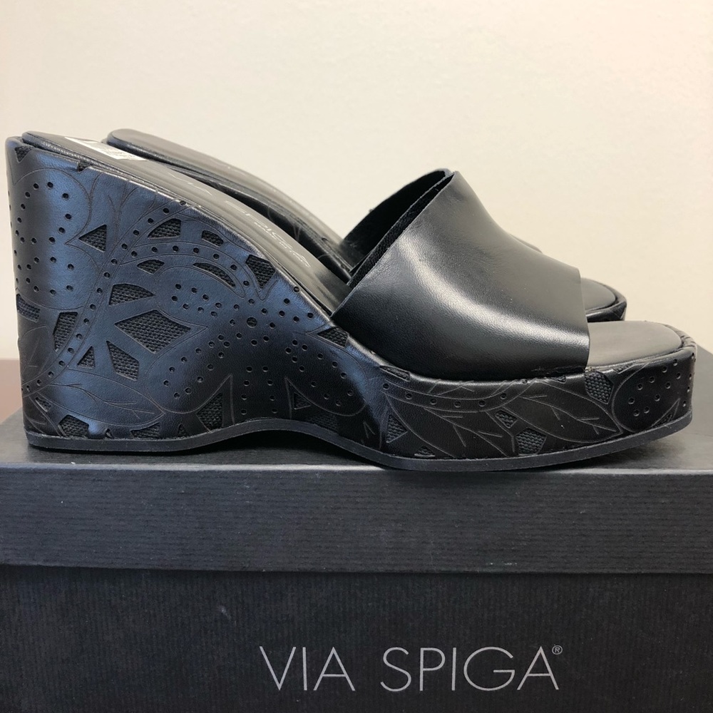 Via Spiga Black Leather Wedge Platform